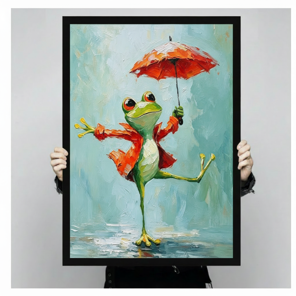 Whimsical impasto oil painting of a delightfully happy green frog dancing on one leg dressed in an open red-orange jacket one arm reaching outward and one raised to hold a bold red umbrella with yellow-tipped webbed feet and a pale white belly reflected in a puddle below against a vibrant mint and blue-green impasto background joyful frog wall art framed print held against a light gray background