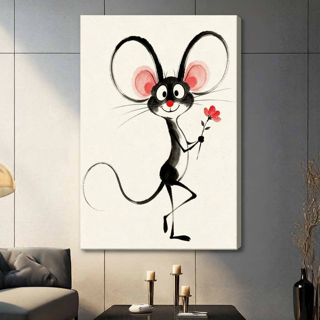 Whimsical ink illustration of a cheerful black dancing mouse with oversized round pink ears a red nose and a small red flower on a cream background funny mouse wall art stretched canvas in living room with dark gray panel wall and dark sofa