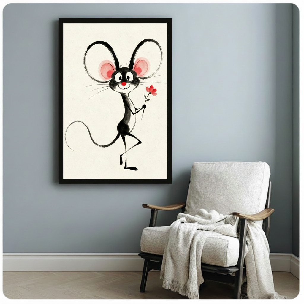 Whimsical ink illustration of a cheerful black dancing mouse with oversized round pink ears a red nose and a small red flower on a cream background funny mouse wall art framed print beside white armchair on blue-gray wall
