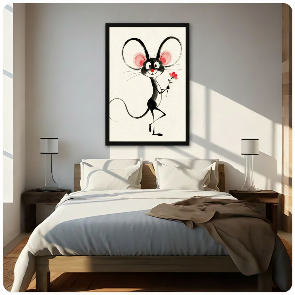 Whimsical ink illustration of a cheerful black dancing mouse with oversized round pink ears a red nose and a small red flower on a cream background funny mouse wall art framed print above bedroom with white bedding and dark wood bedside tables