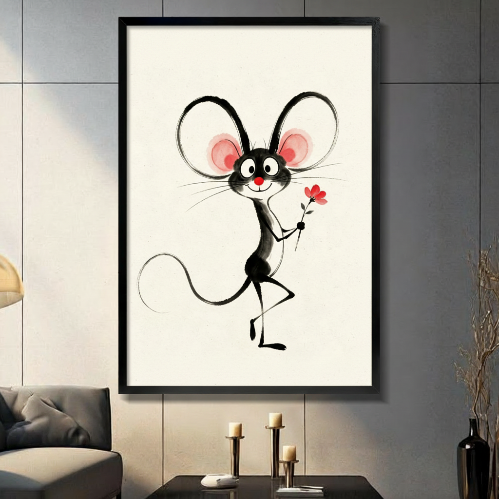 Whimsical ink illustration of a cheerful black dancing mouse with oversized round pink ears a red nose and a small red flower on a cream background funny mouse wall art framed print in living room with dark gray panel wall and dark sofa