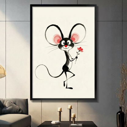 Whimsical ink illustration of a cheerful black dancing mouse with oversized round pink ears a red nose and a small red flower on a cream background funny mouse wall art framed print in living room with dark gray panel wall and dark sofa
