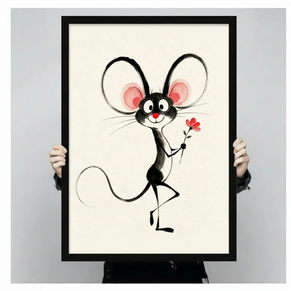Whimsical ink illustration of a cheerful black dancing mouse with oversized round pink ears a red nose and a small red flower on a cream background funny mouse wall art framed print held against light gray background