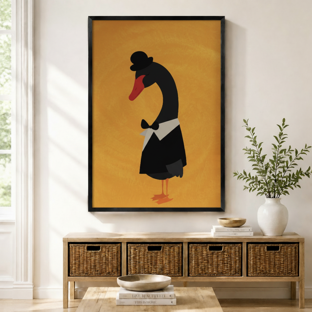 Minimalist dapper black swan in bowler hat and bow tie framed canvas wall art above wicker storage console in bright modern entryway