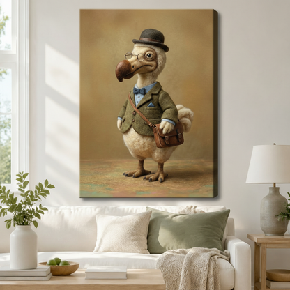 Stretched canvas dapper dodo bird wall art depicting a charming extinct bird dressed in a tweed suit, bow tie, and bowler hat with a vintage leather bag, hung above a white sofa in a modern living room