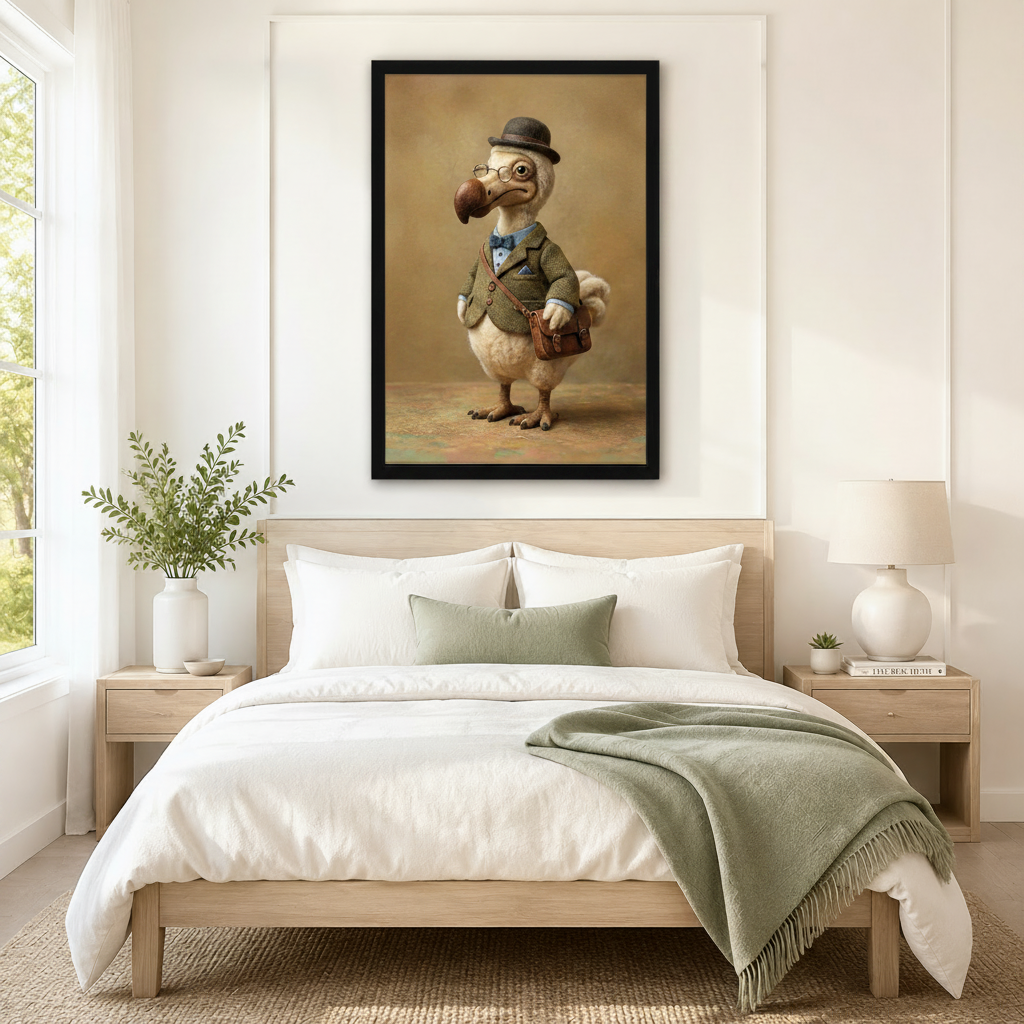 Framed quirky animal wall art of a distinguished dodo bird wearing a tweed suit, bowler hat, and wire-rimmed glasses with a crossbody leather bag, displayed above a neutral linen bed in a serene Scandinavian bedroom
