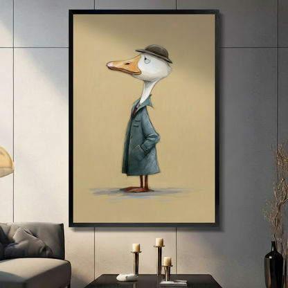 Dapper duck detective framed canvas wall art hanging above dark gray sofa — whimsical animal print for modern living room