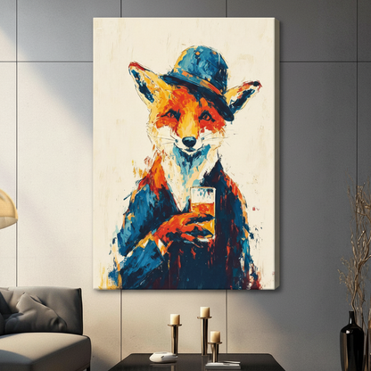 Stylish anthropomorphic red fox wearing blue bowler hat and dark suit with whiskey tumbler impasto oil painting canvas wall art print hanging in a contemporary living room with dark gray tiled wall and gray sofa