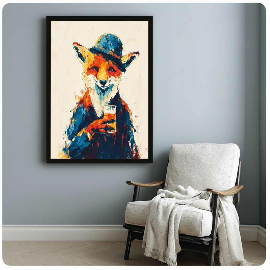 Gentleman fox in navy blazer and blue hat holding amber whiskey glass vibrant oil painting framed art poster displayed beside a wooden armchair with white draped throw blanket against a soft blue-gray wall