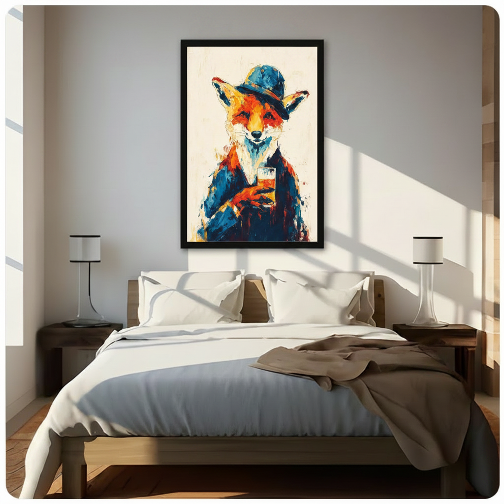 Stylish fox in blue hat and navy suit holding whiskey glass vibrant oil painting framed wall art print hanging above a modern bedroom bed with white linen bedding, dark wood nightstands, and minimalist white table lamps