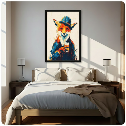 Stylish fox in blue hat and navy suit holding whiskey glass vibrant oil painting framed wall art print hanging above a modern bedroom bed with white linen bedding, dark wood nightstands, and minimalist white table lamps