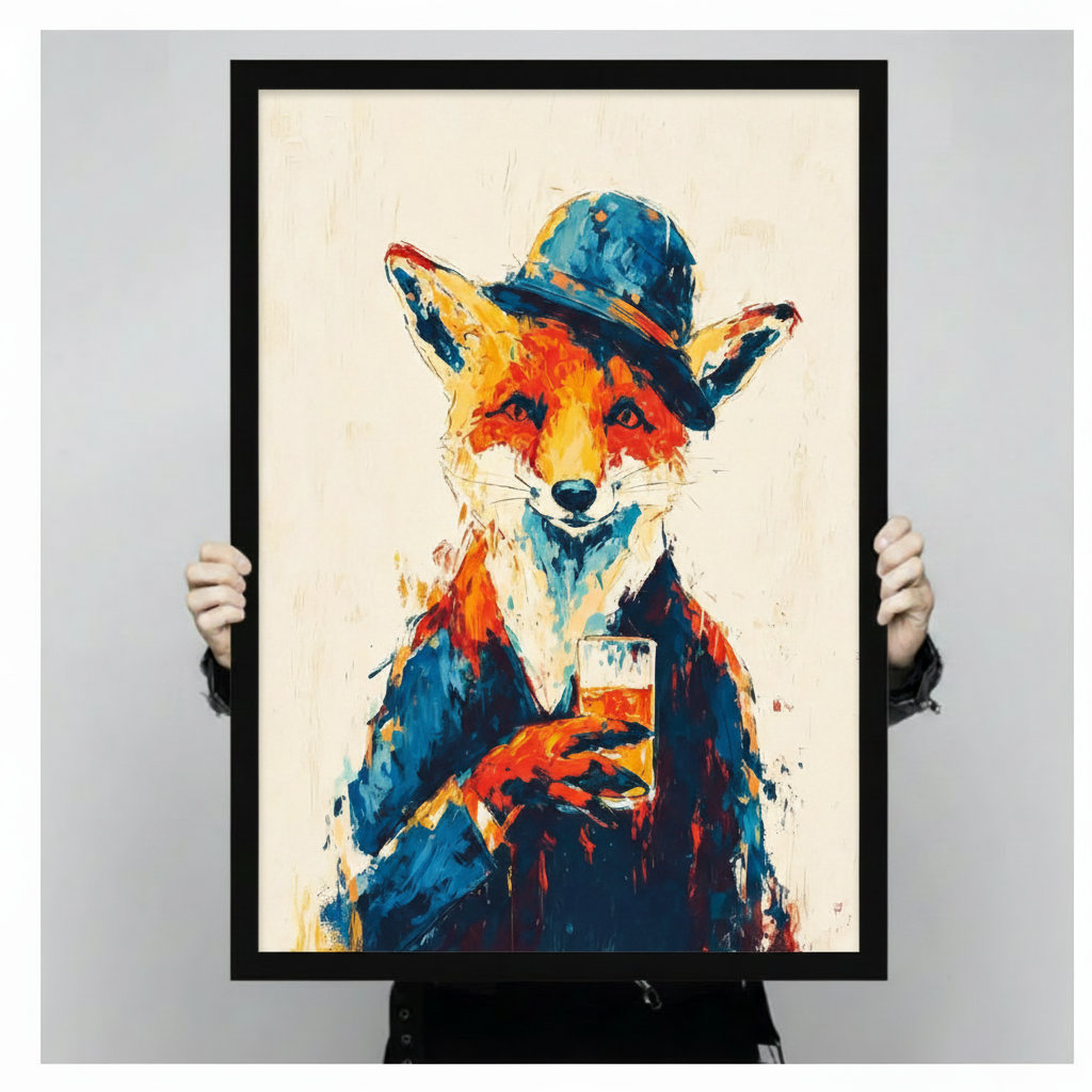 Dapper red fox with blue bowler hat and whiskey tumbler colorful impasto brushstroke oil painting framed wall art print held up for size reference against a light gray neutral background