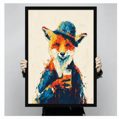 Dapper red fox with blue bowler hat and whiskey tumbler colorful impasto brushstroke oil painting framed wall art print held up for size reference against a light gray neutral background