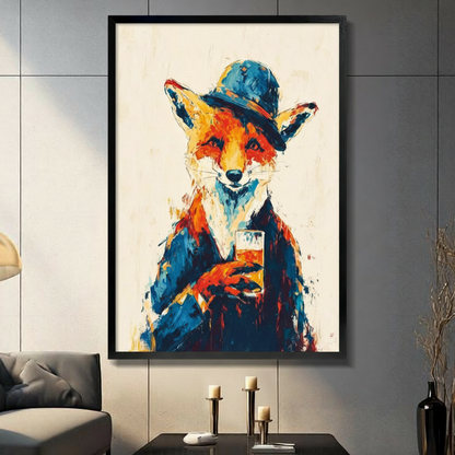 Dapper fox in blue bowler hat and navy suit holding whiskey glass colorful oil painting framed wall art print displayed in a living room with gray sofa, pillar candle holders, and black decorative vase against dark gray tiled wal