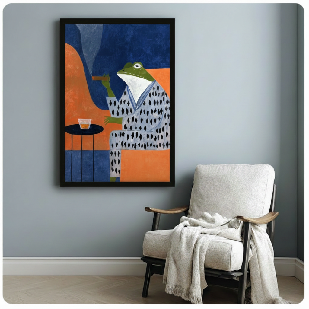 Framed frog kimono canvas print above white armchair in cozy reading nook — eclectic mid-century home decor wall art