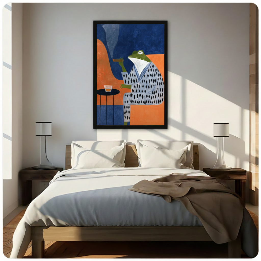 Framed dapper frog in blue kimono canvas art above wooden bed in bright minimalist bedroom — statement wall decor for home
