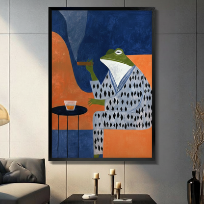 Dapper frog in kimono framed canvas wall art displayed in modern living room with dark accent wall and candlestick decor