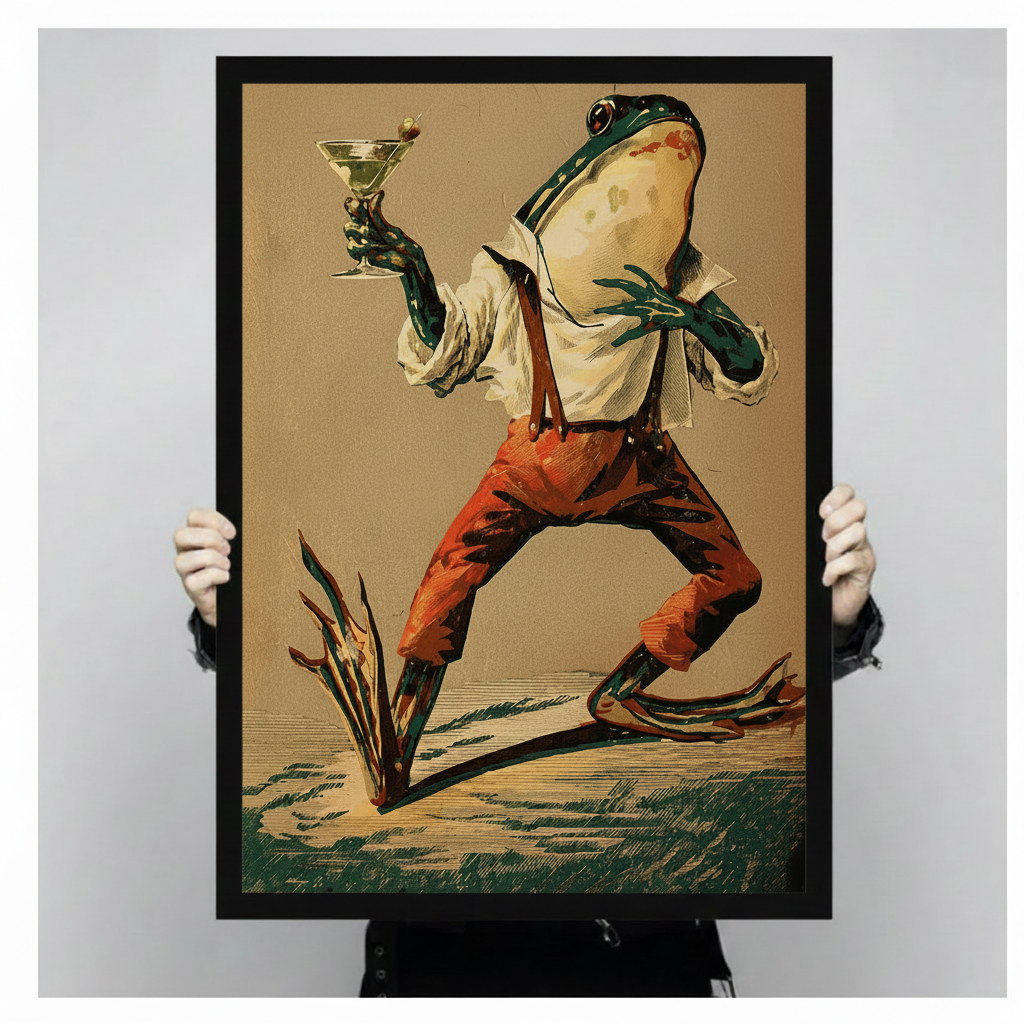 Close-up of a vintage illustrated art print showing a stylish frog character in suspenders and boots toasting with a martini, held by gloved hands