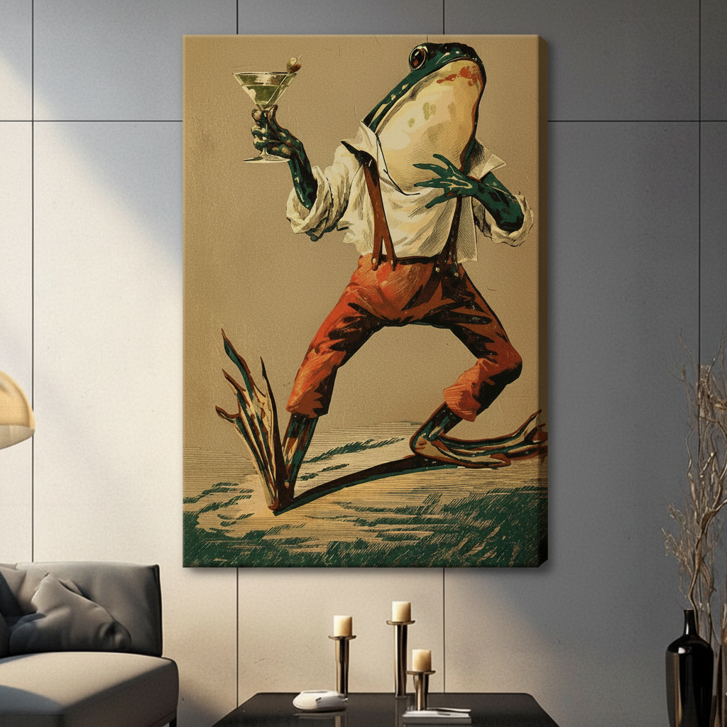 Gallery wrap canvas print featuring an anthropomorphic frog in rust trousers and white shirt raising a cocktail, hung in a contemporary living room