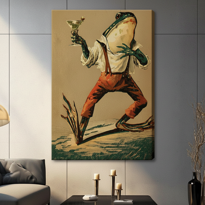 Gallery wrap canvas print featuring an anthropomorphic frog in rust trousers and white shirt raising a cocktail, hung in a contemporary living room