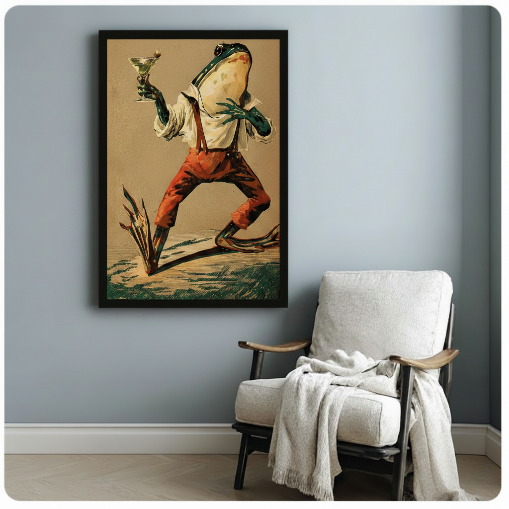Framed whimsical frog wall art print with martini glass accent, styled above an armchair in a cozy reading nook with blue-grey walls