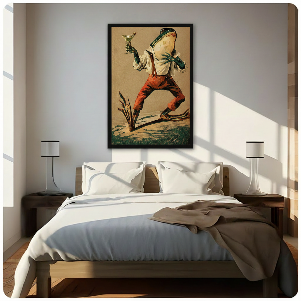 Black-framed retro frog wall art print hung above a bed in a bright minimalist bedroom, featuring a dancing frog with a cocktail glass
