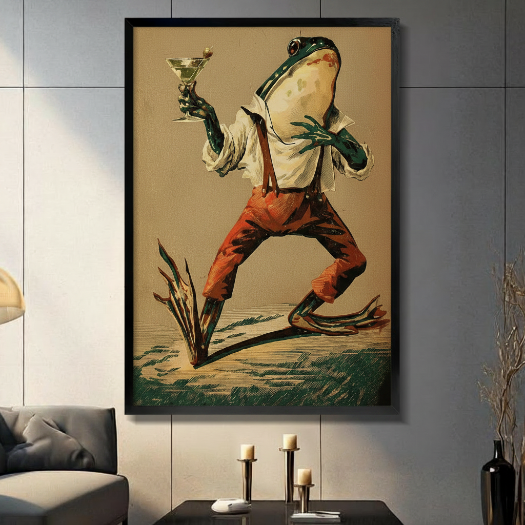 Vintage-style framed wall art print of a dapper frog in suspenders holding a martini glass, displayed in a modern living room
