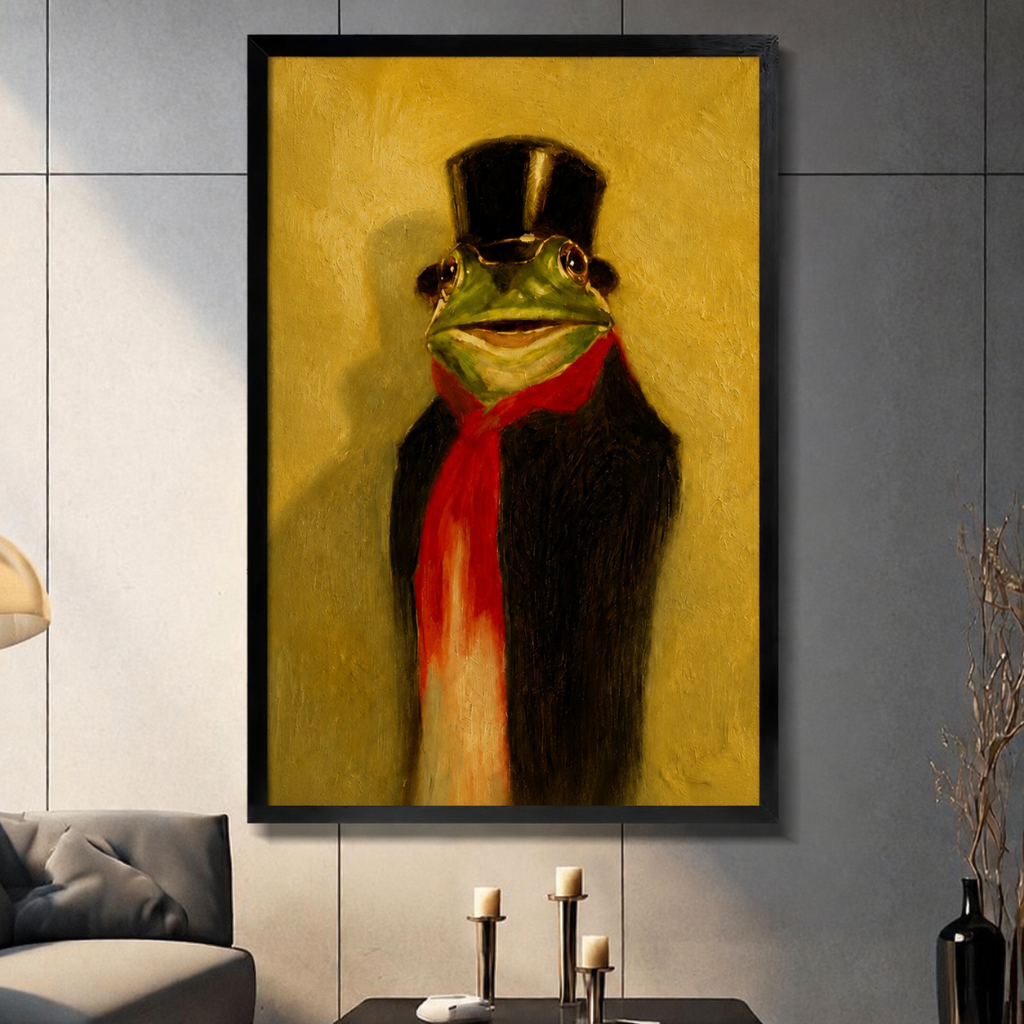 Framed oil painting of a dapper frog in a black top hat and red scarf, displayed above a sofa in a modern living room