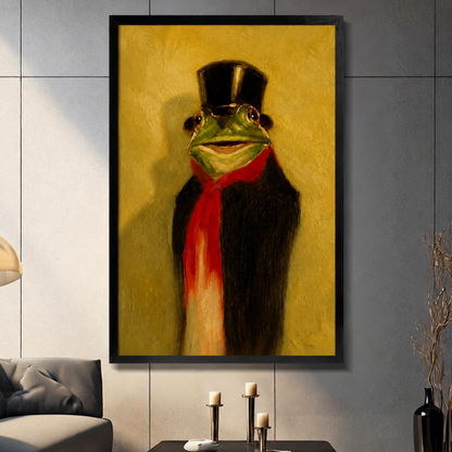 Framed oil painting of a dapper frog in a black top hat and red scarf, displayed above a sofa in a modern living room