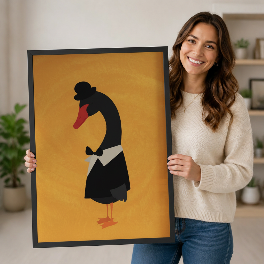 Smiling woman holding large framed canvas art print of a dapper black swan in bowler hat and bow tie on warm golden background