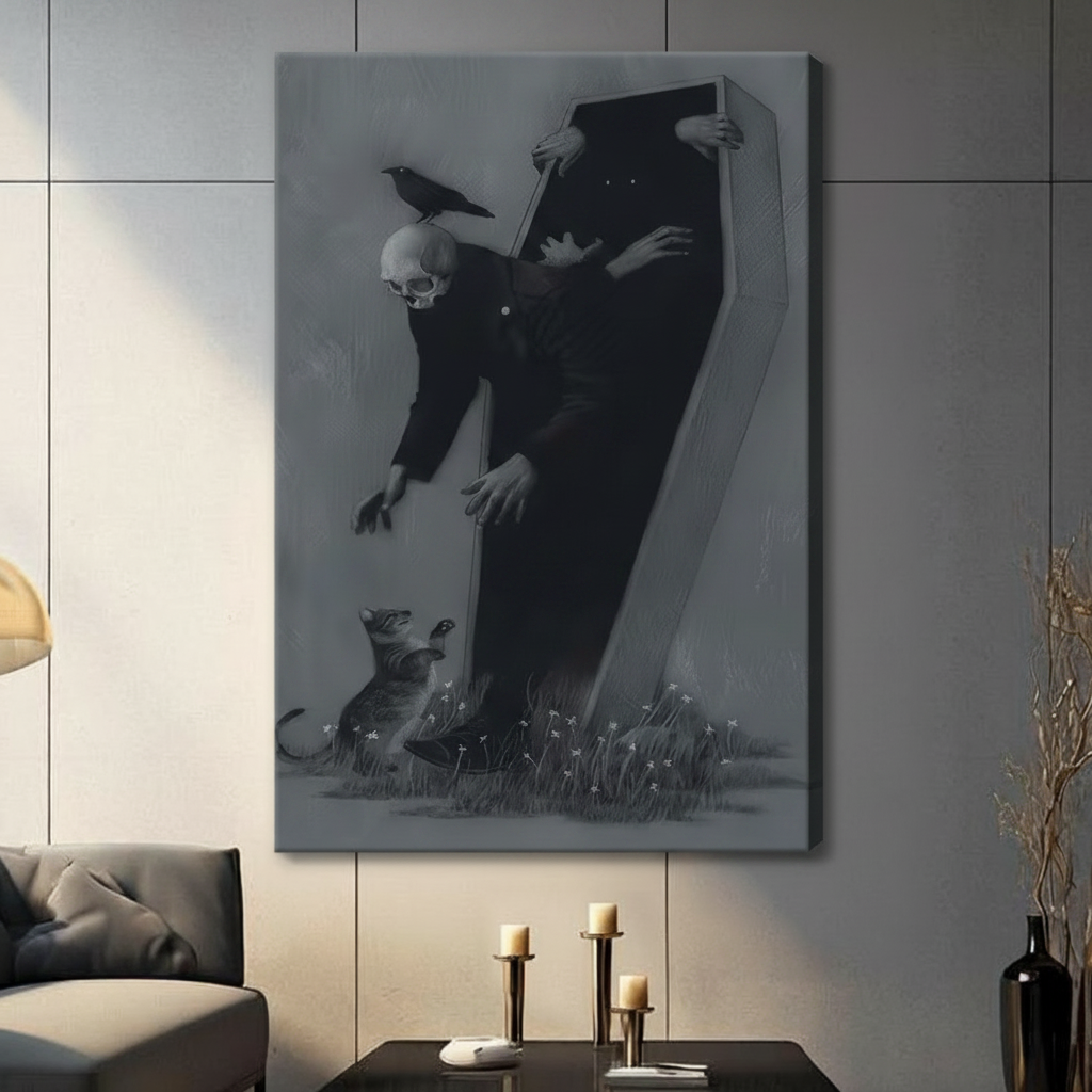 Stretched canvas print of a dark academia style skeleton in a black suit rising from a coffin with a raven on its head and a cat-like creature below among small white flowers, gallery-wrapped on a grey tile wall