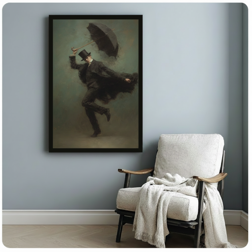 Moody dark academia oil painting of gentleman with top hat and umbrella in black frame above white accent chair on blue gray wall