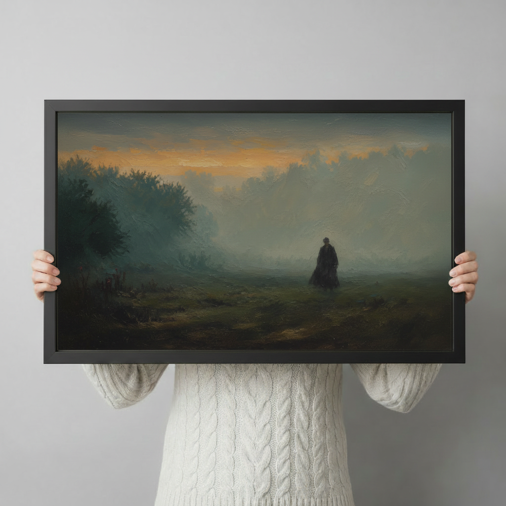 Person holding a black-framed moody landscape art print with a lone figure in misty fog and warm golden sky, showcasing print size and frame detail