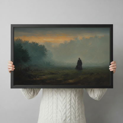 Person holding a black-framed moody landscape art print with a lone figure in misty fog and warm golden sky, showcasing print size and frame detail