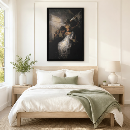 Framed Goya-style dark oil painting of skeletal figures in flowing white gown hung above a minimalist wooden bed in a serene neutral bedroom