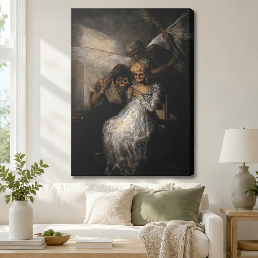 Gallery-wrapped canvas of a dramatic dark baroque painting featuring ghostly figures in flowing white dress hung above a white sofa in a cozy neutral living room