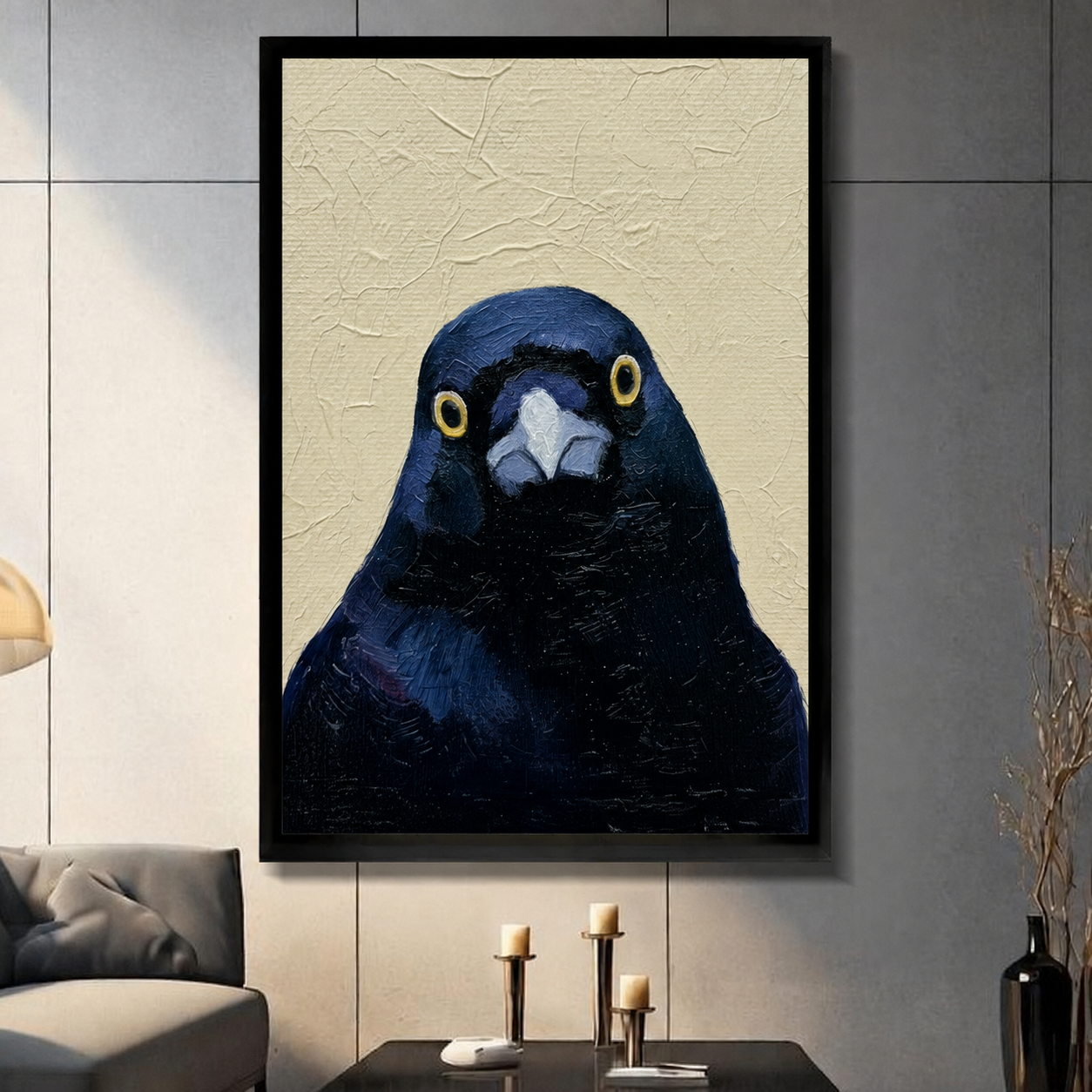 Bold dark navy crow portrait framed wall art in modern living room, textured oil painting style black bird with yellow eyes, black frame on dark gray wall