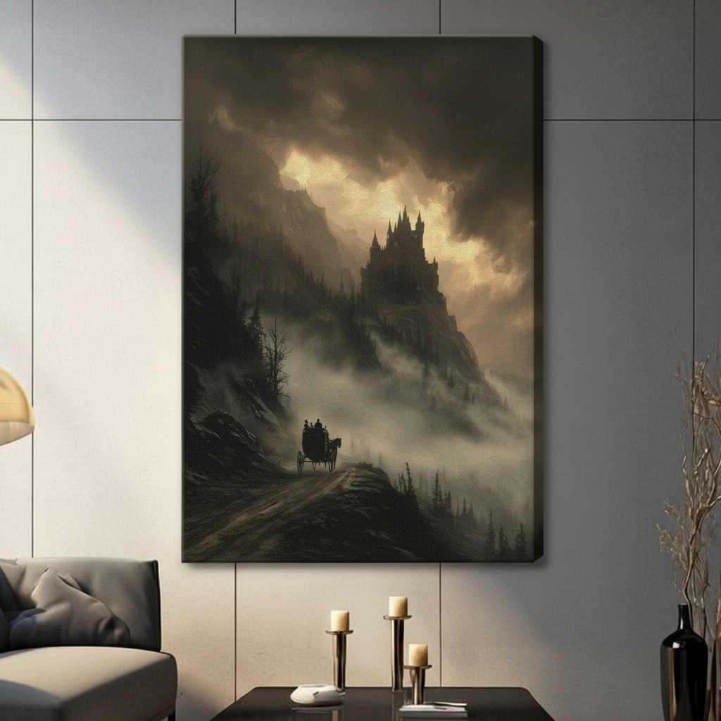 Dramatic dark castle in stormy fog canvas wall art unframed, gothic fantasy landscape with horse-drawn carriage on mountain road, gallery wrap print for living room
