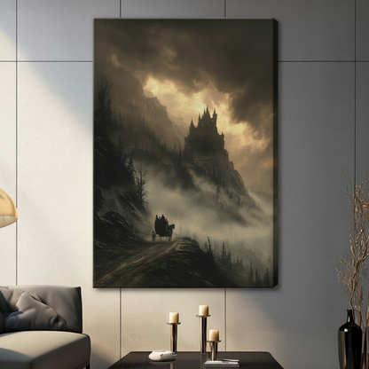 Dramatic dark castle in stormy fog canvas wall art unframed, gothic fantasy landscape with horse-drawn carriage on mountain road, gallery wrap print for living room