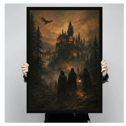 Person holding dark gothic castle framed canvas art showing size reference, moody oil painting with hooded figures lantern and flying dragon