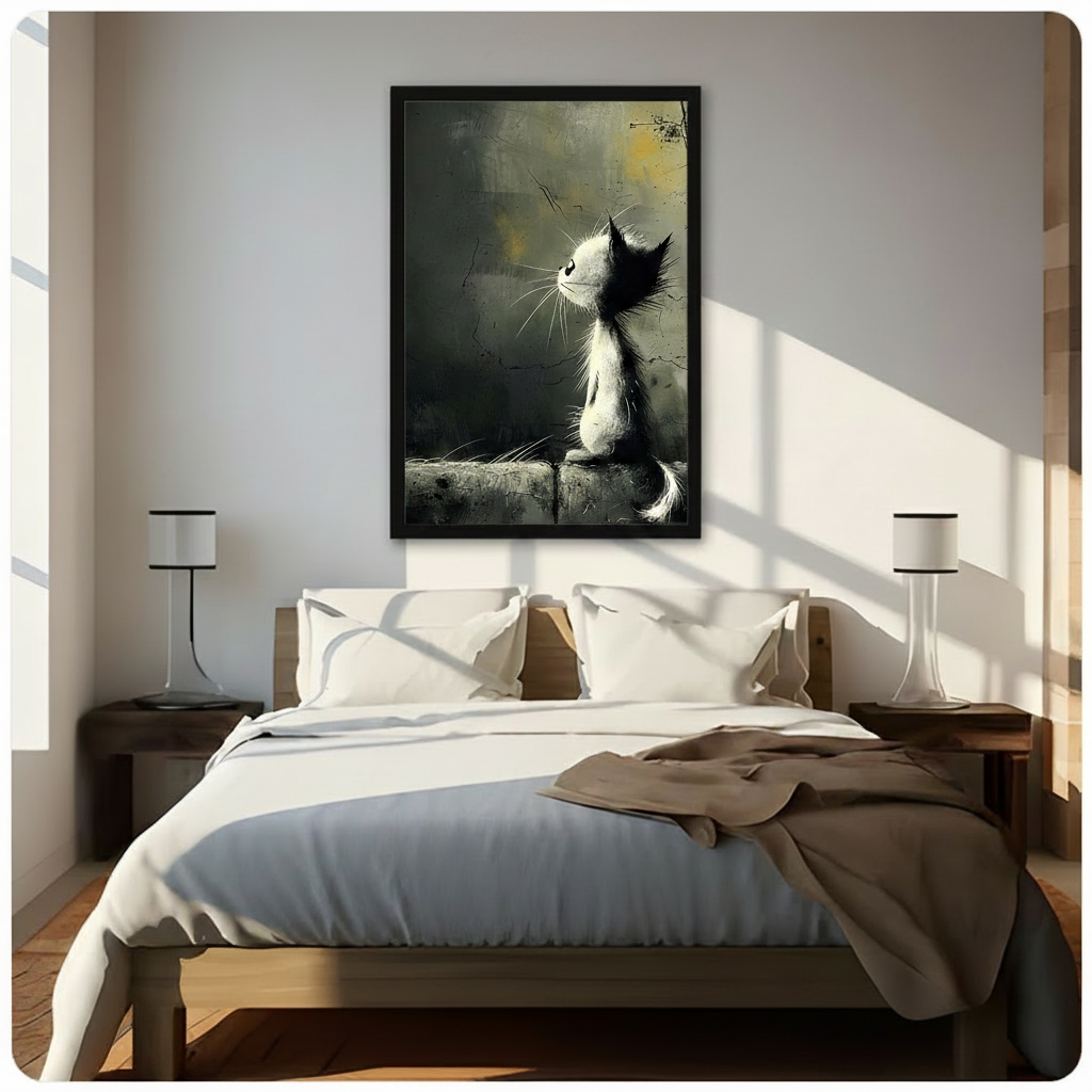 Gothic moody black and white cat on stone ledge framed canvas print above bed, atmospheric dark academia cat wall art adding dramatic depth to bright neutral bedroom
