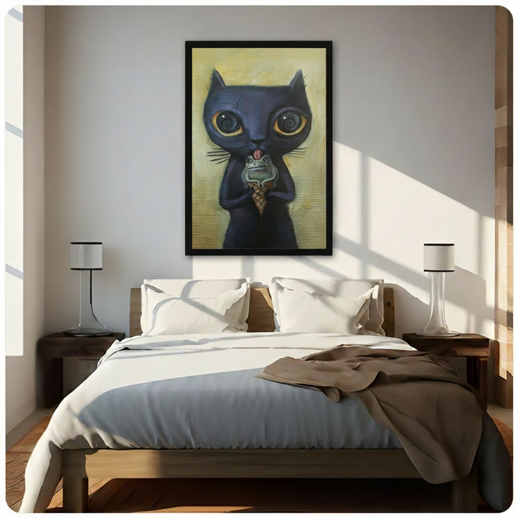 Framed surreal black cat licking a frog ice cream cone wall art with olive gold background hung above a wooden bed with white bedding in a bright sunlit minimalist bedroom
