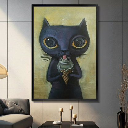 Framed dark cat with big golden eyes licking a frog ice cream cone wall art with olive gold background displayed above a console table in a moody grey living room
