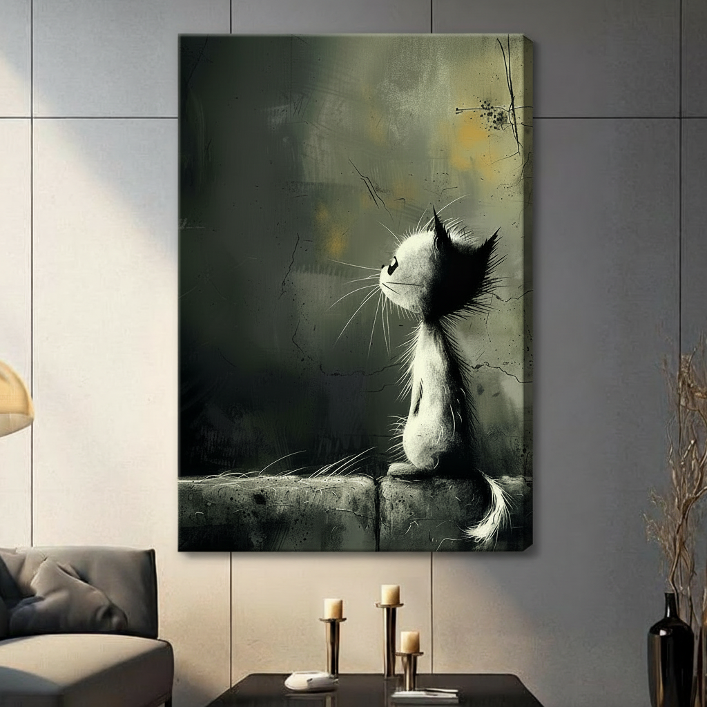 Atmospheric black and white cat with wild whiskers perched on stone ledge looking up, stretched canvas print displayed on grey wall in contemporary living room