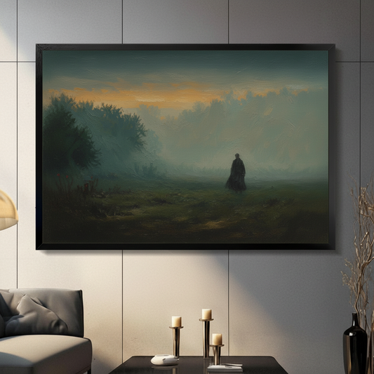Framed gothic oil painting wall art of a dark cloaked figure standing alone in a misty meadow at dusk, displayed in a moody modern living room