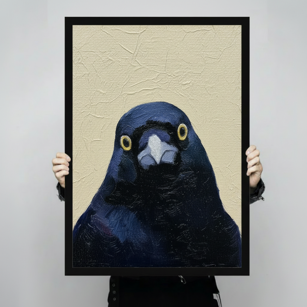 Hand-held close-up of dark navy crow portrait black framed art print, detailed view of textured oil painting bird with piercing yellow eyes, premium animal wall decor