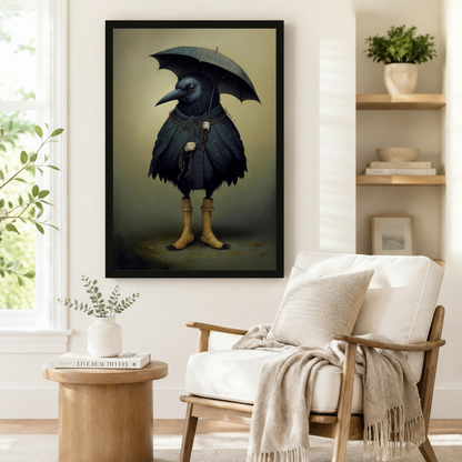 Dark fantasy crow in yellow boots holding umbrella framed print beside armchair — gothic bird canvas decor