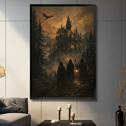 Dark fantasy castle canvas wall art with black frame hung in modern living room, gothic oil painting with hooded figures and dragon
