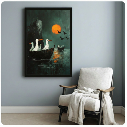 Framed dark fantasy oil painting canvas wall art of three white geese riding a wooden boat under a glowing orange full moon with flying bird silhouettes and deep teal green impasto brushstroke background displayed on a blue-grey wall beside a white linen armchair