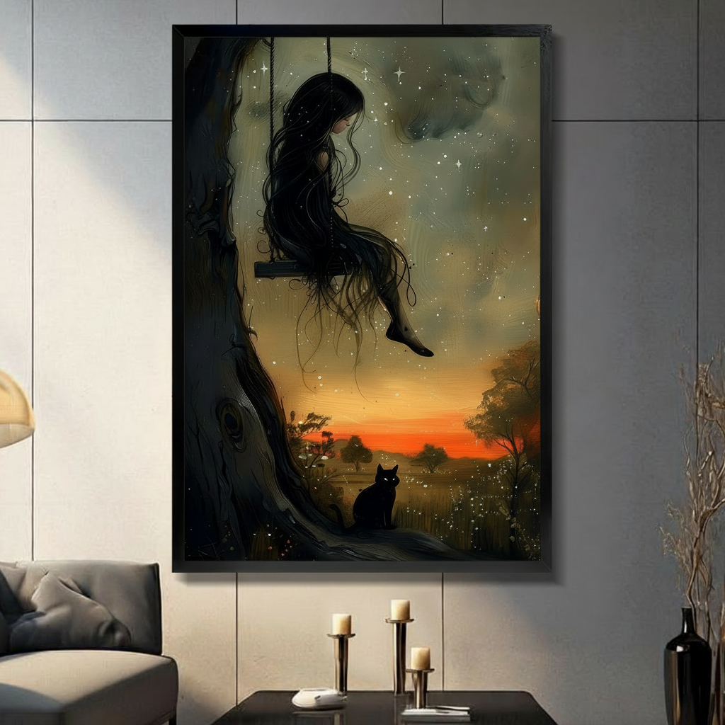 Framed dark fantasy girl with long hair on a tree swing above a black cat under a starry sunset sky wall art displayed above a console table with candlesticks in a moody grey living room